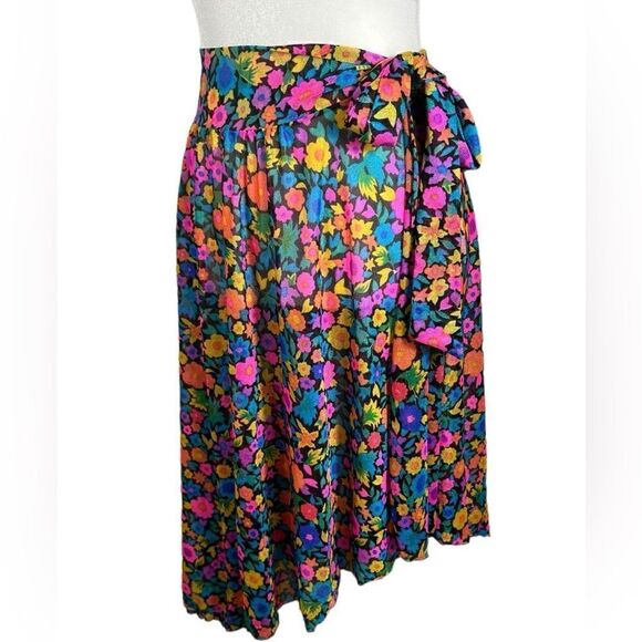Oscar de la Renta Black Bright Floral Print Swimsuit Cover-Up Sarong Skirt - Picture 3 of 5